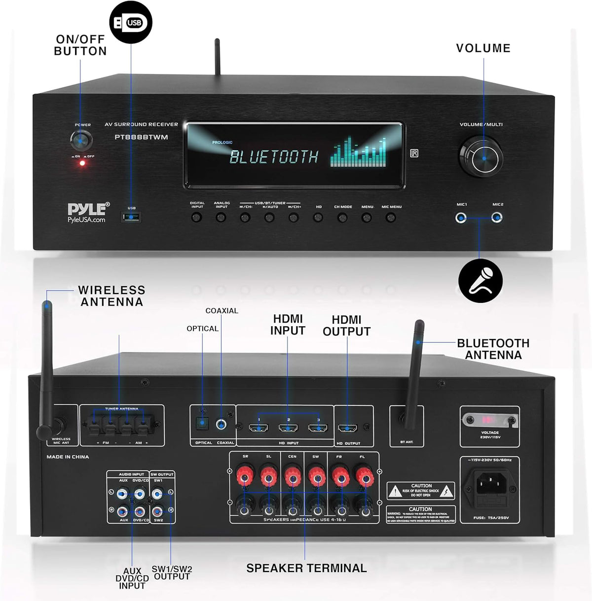 1000W Bluetooth Stereo Amplifier with 2 UHF Wireless Microphone K375