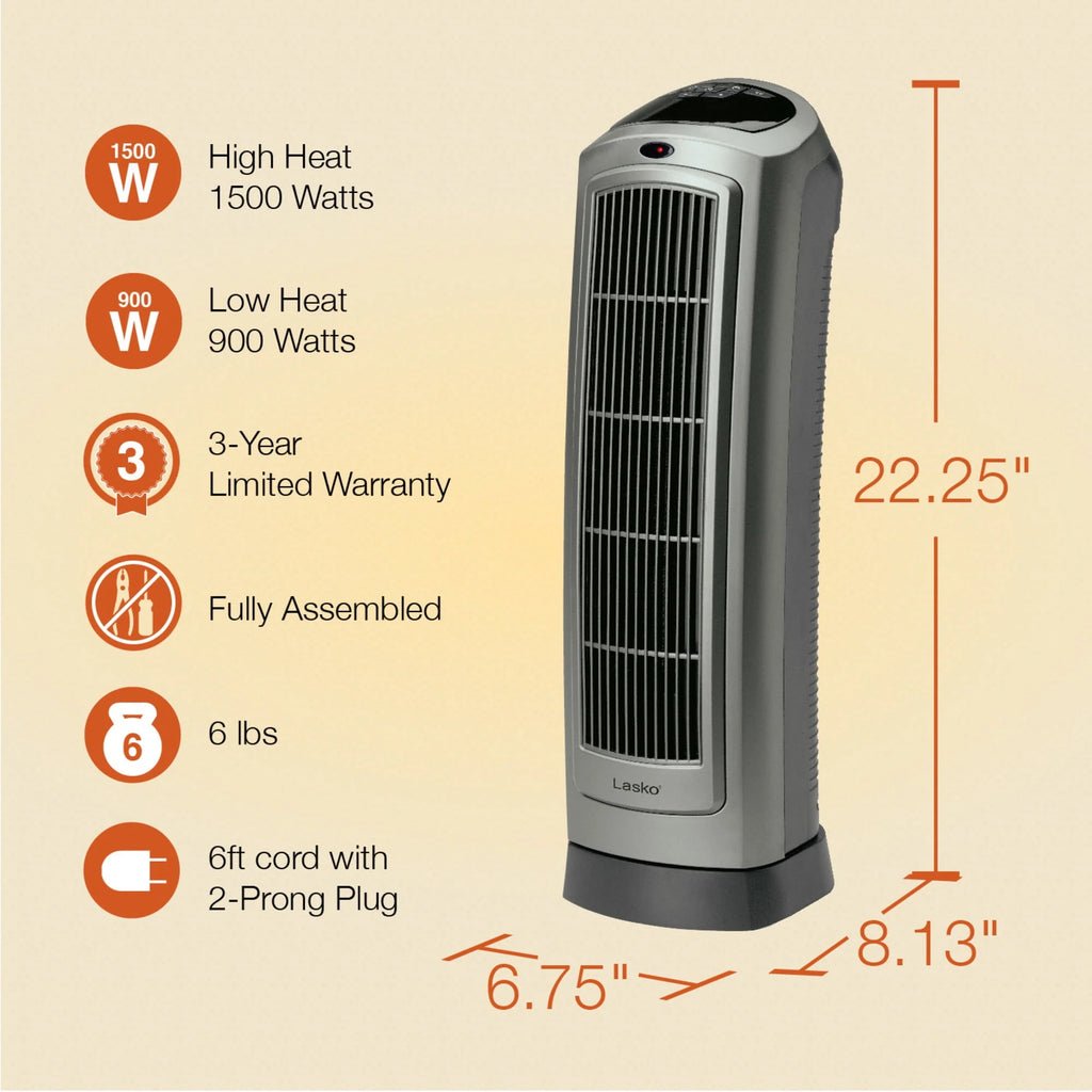 1500W Oscillating Ceramic Electric Tower Space Heater with Remote, Gray B2616