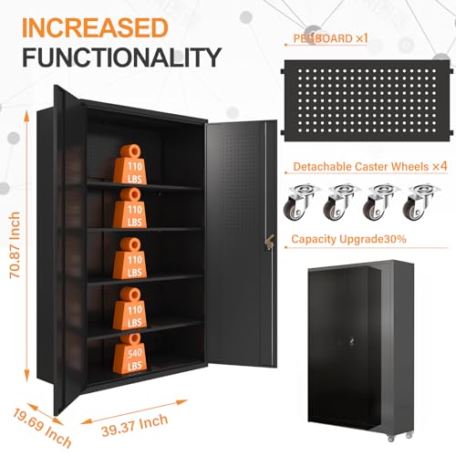 72 Inch Black Lockable Metal Storage Cabinet with Wheels N288