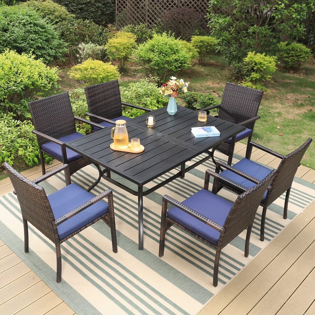7-Piece Outdoor Patio Dining Set with Metal Table and 6 Rattan Cushioned Armchairs, Navy Blue A1345