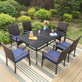 7-Piece Outdoor Patio Dining Set with Metal Table and 6 Rattan Cushioned Armchairs, Navy Blue A1345