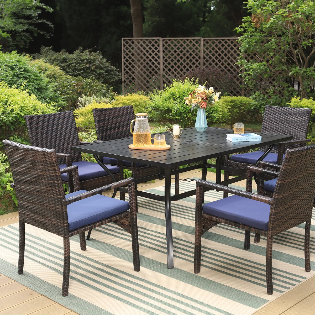 7-Piece Outdoor Patio Dining Set with Metal Table and 6 Rattan Cushioned Armchairs, Navy Blue A1345