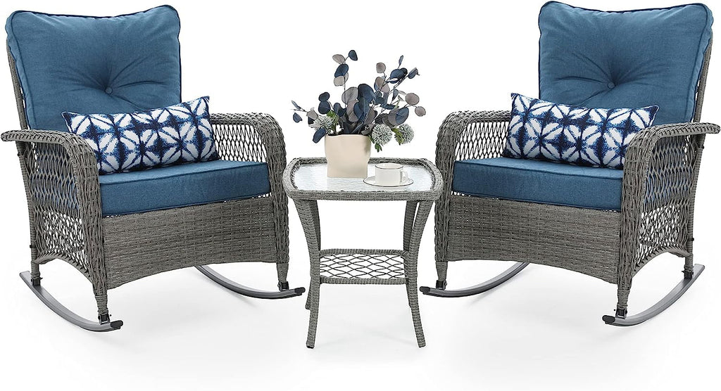3 Piece Rattan Outdoor Rocking Bistro Set with Cushions A39089