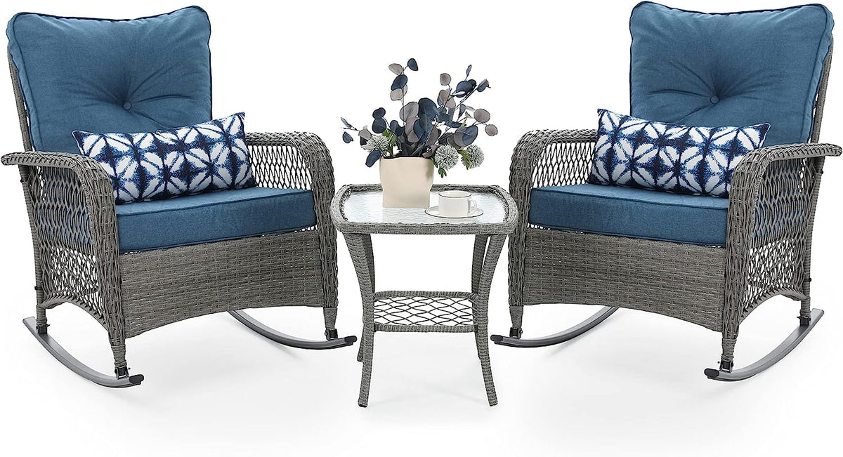 3 Piece Rattan Outdoor Rocking Bistro Set with Cushions A39089