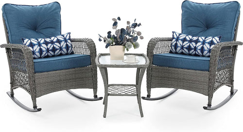 3 Piece Rattan Outdoor Rocking Bistro Set with Cushions A39089