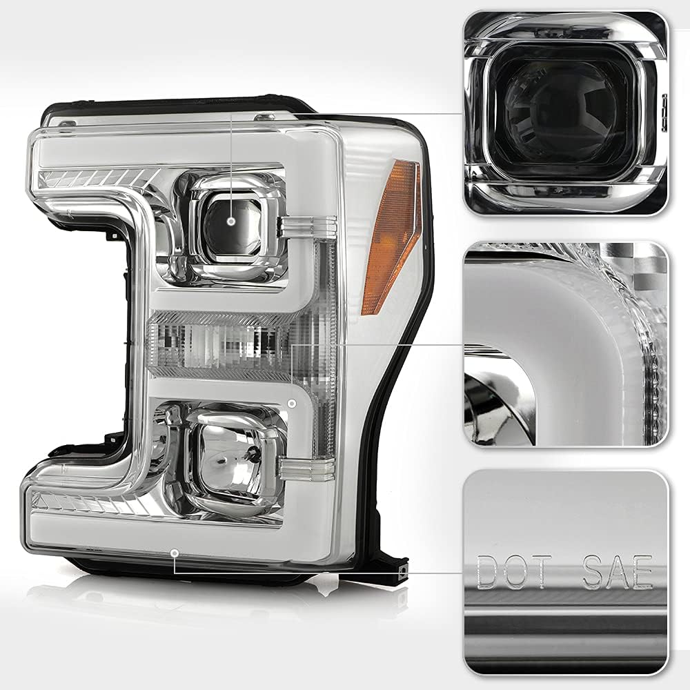 Chrome Dual LED Tube Projector Headlights Set Left+Right F77146