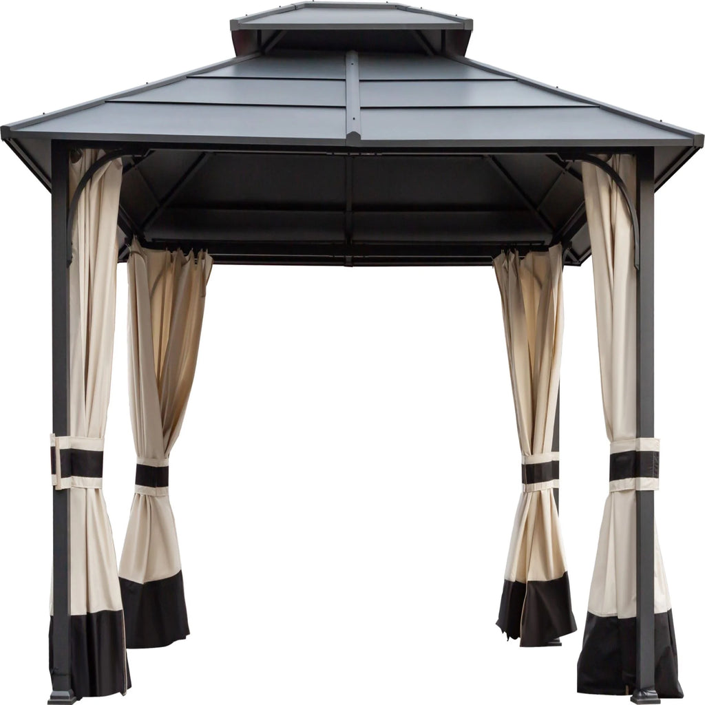 10x12ft Galvanized Steel Hard Top Outdoor Gazebo with Netting and Curtains B2703