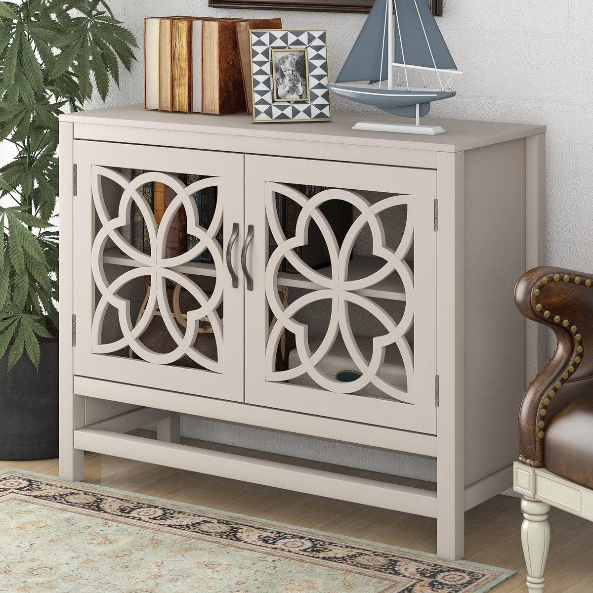 Cream White Wood Accent Sideboard Storage Cabinet with Doors and Shelf R574