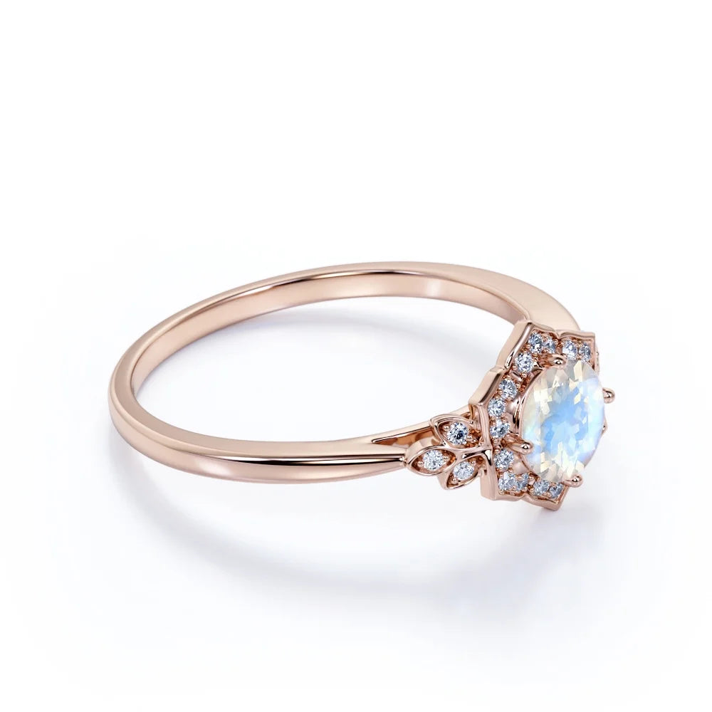 18k Rose Gold over Silver Blue Moonstone and Moissanite Engagement Ring T39799