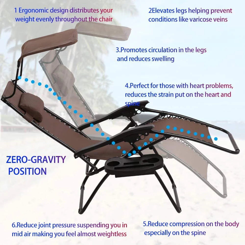 Zero Gravity Chair Set of 2 Folding Recliner with Canopy and Cup Holder Brown P69661