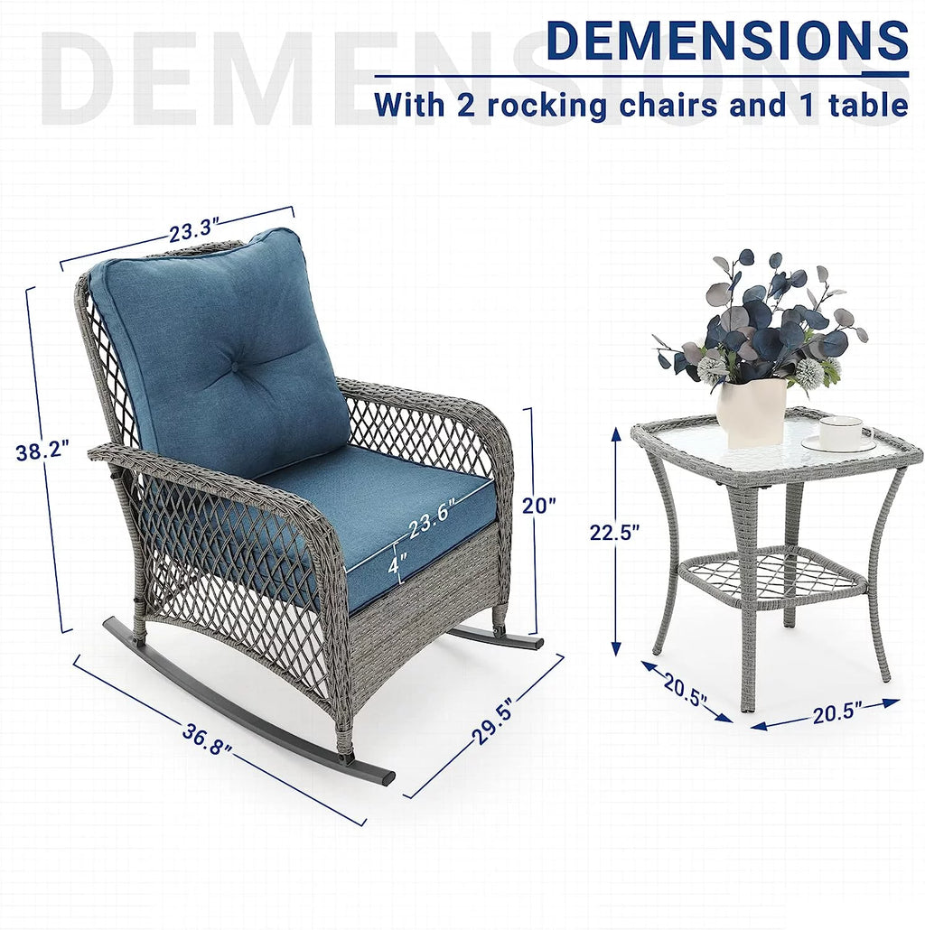 3 Piece Rattan Outdoor Rocking Bistro Set with Cushions A39089