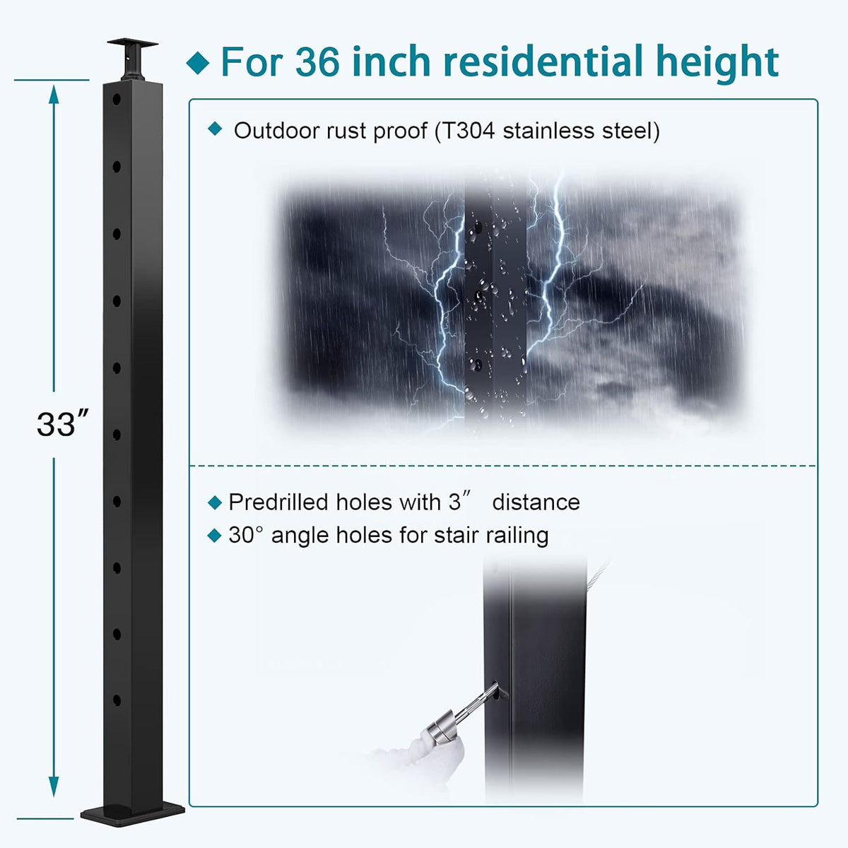 Black 30 Degree Stainless Steel Cable Railing Post B24086