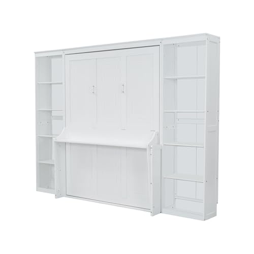 White Queen Size Murphy Wall Bed with Desk & Bookcase X2885