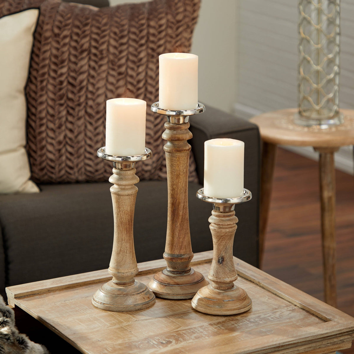 Brown Mango Wood Candle Holder Set of 3 Y254