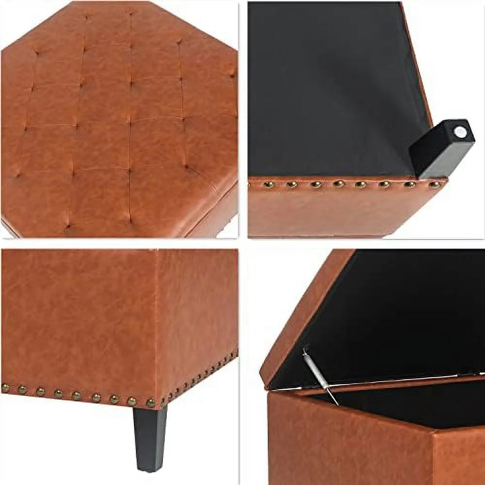 Orange Upholstered Tufted Ottoman Bench with Wood Legs T895