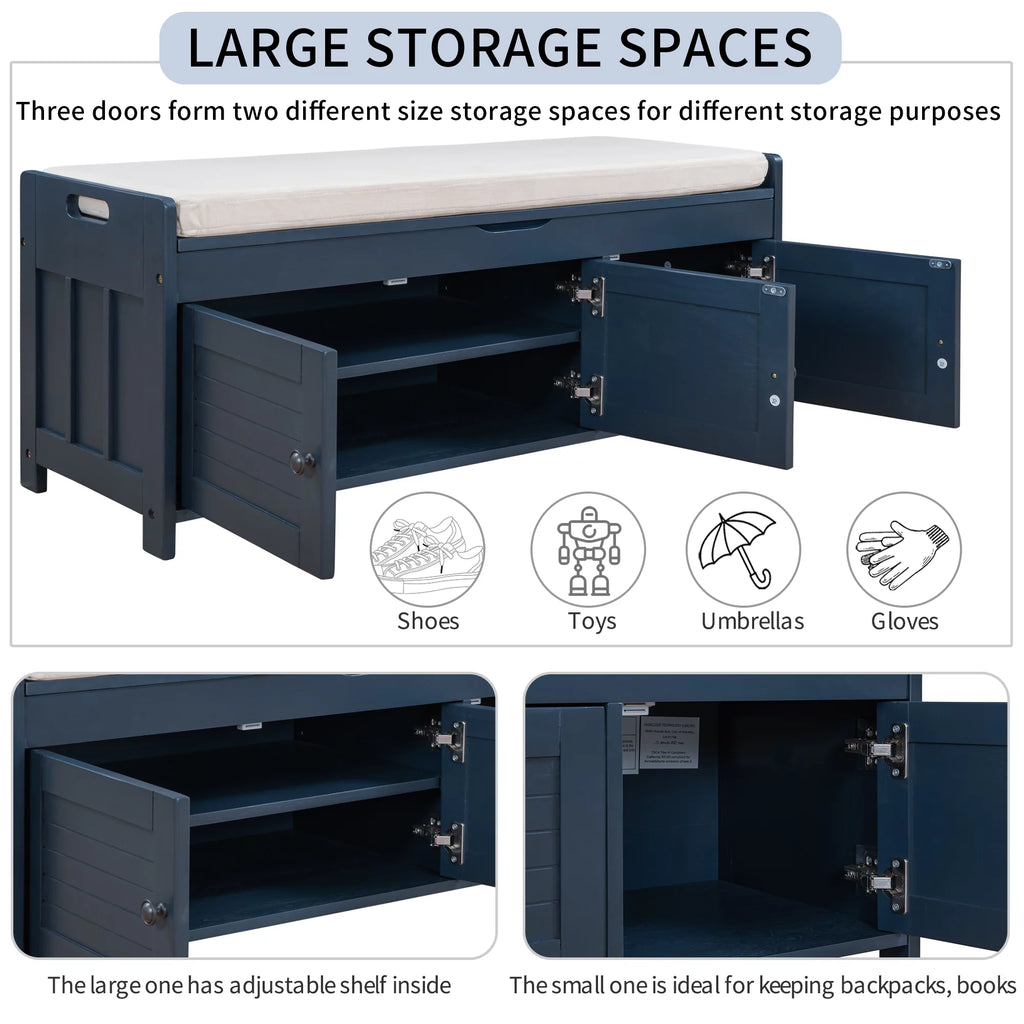 Navy Blue Wood Storage Bench with Removable Cushion and Shelves S594735