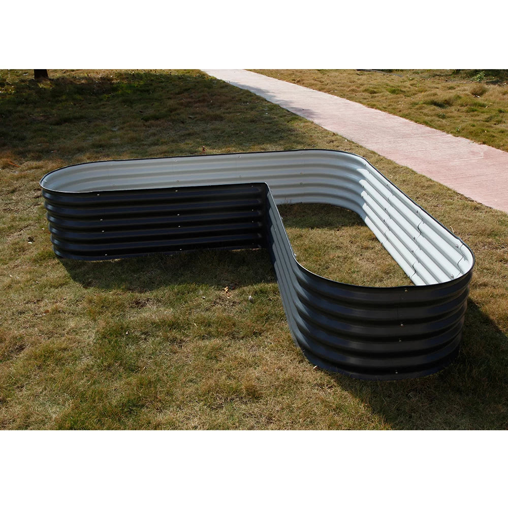 17" Tall L-Shaped Modular Corrugated Metal Raised Garden Beds Grey N916
