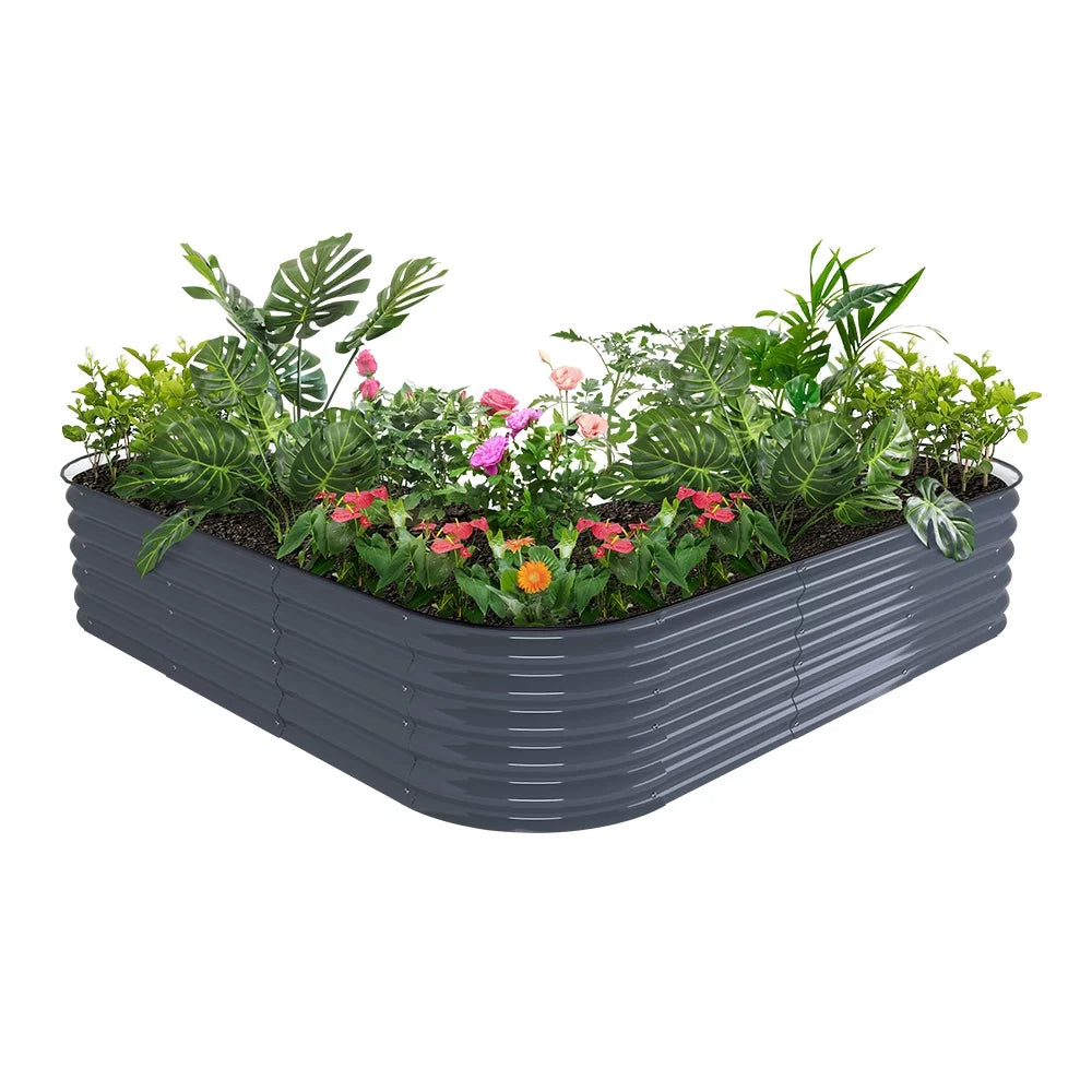 17" Tall L-Shaped Modular Corrugated Metal Raised Garden Beds Grey N916