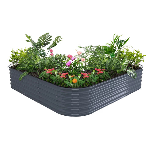 17" Tall L-Shaped Modular Corrugated Metal Raised Garden Beds Grey N916