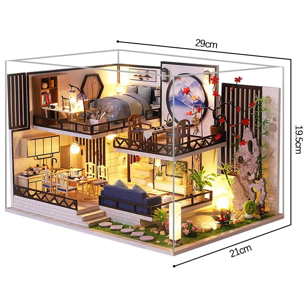 Miniature Wood Dollhouse with Furniture and Dustproof Cover O6599