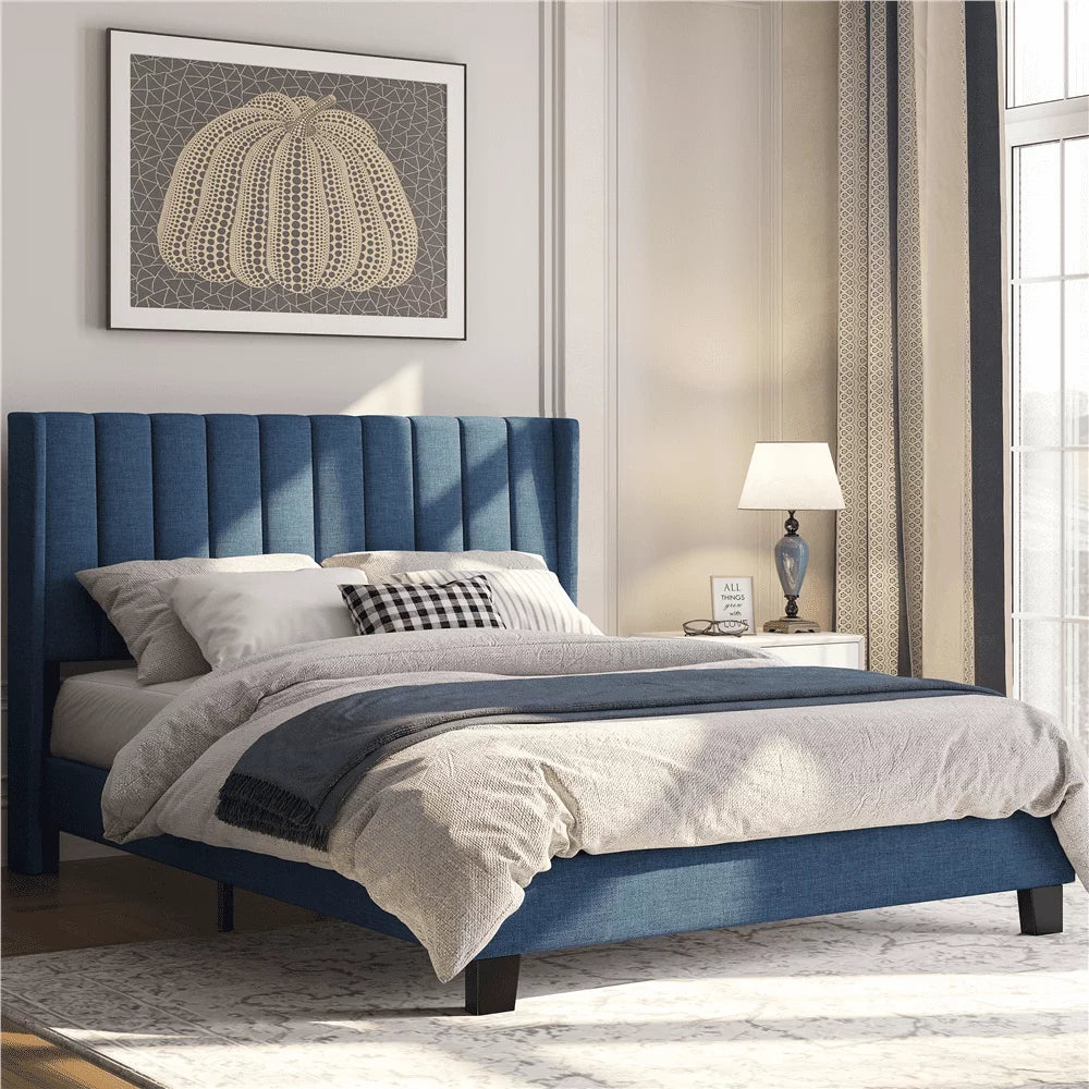 Queen Platform Bed with Upholstered Headboard, Navy Blue P164