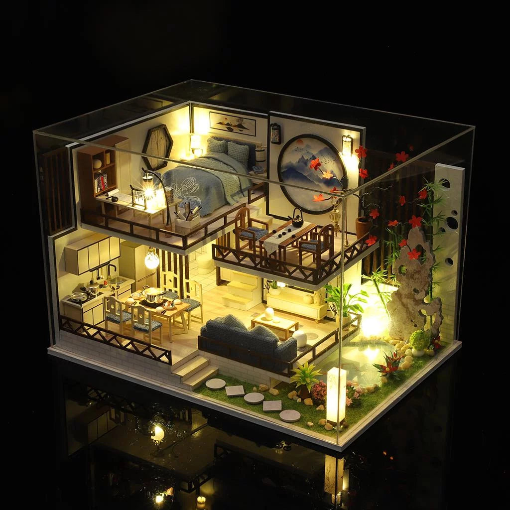 Miniature Wood Dollhouse with Furniture and Dustproof Cover O6599