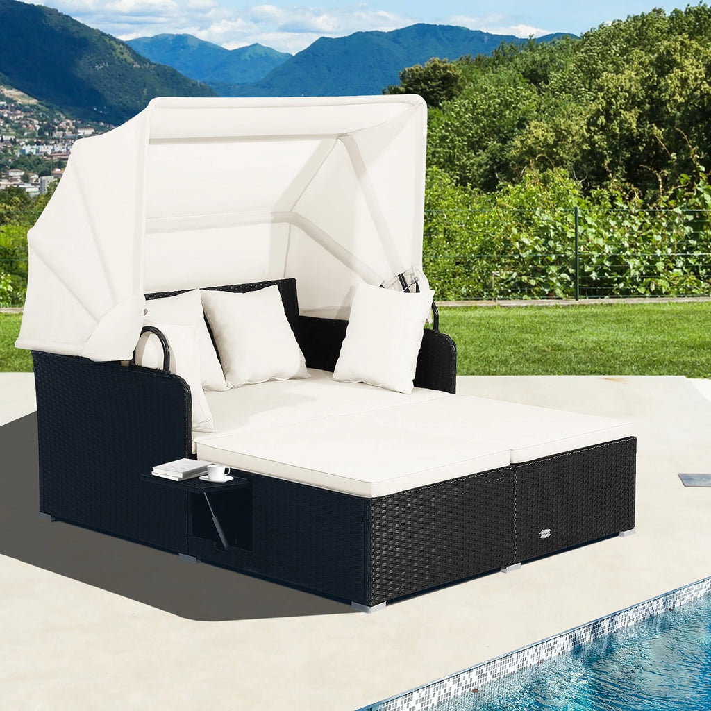 Red Rattan Daybed with Canopy and Side Tables S1204