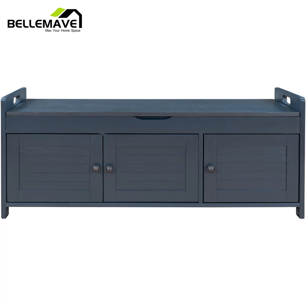 Navy Blue Wood Storage Bench with Removable Cushion and Shelves S594735