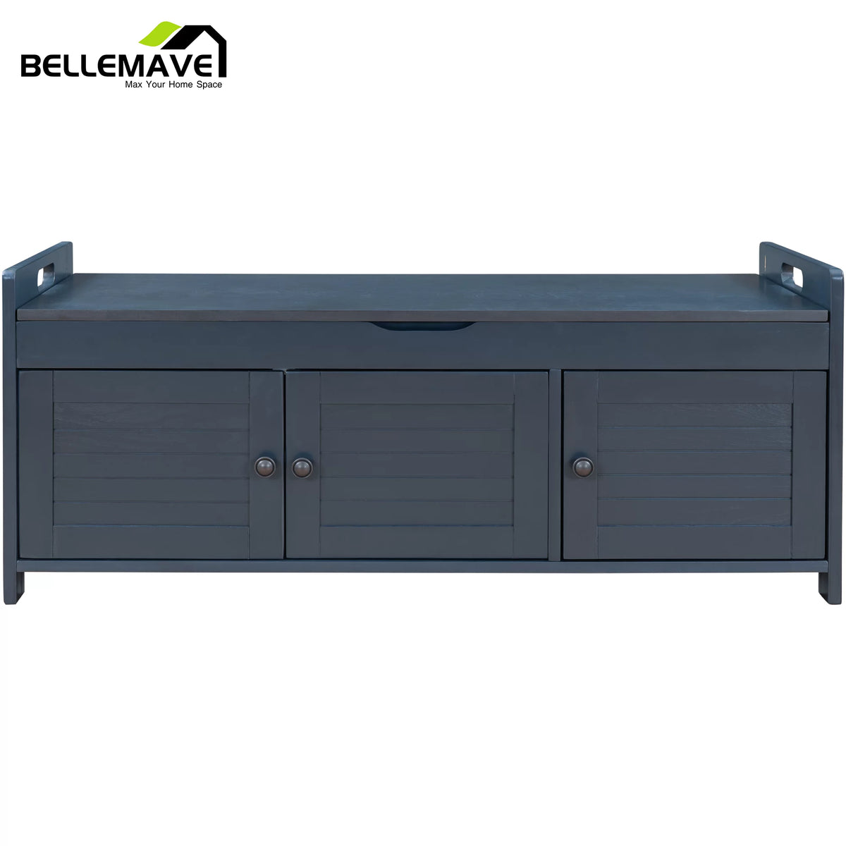 Navy Blue Wood Storage Bench with Removable Cushion and Shelves S594735