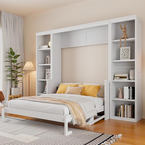 White Queen Size Murphy Wall Bed with Desk & Bookcase X2885