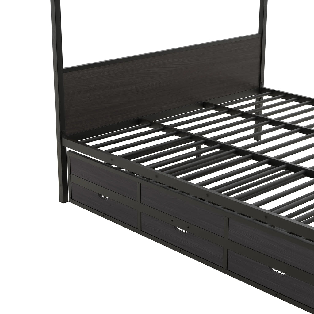 Queen Size Black Metal Canopy Platform Bed with Trundle and 3 Storage Drawers B165